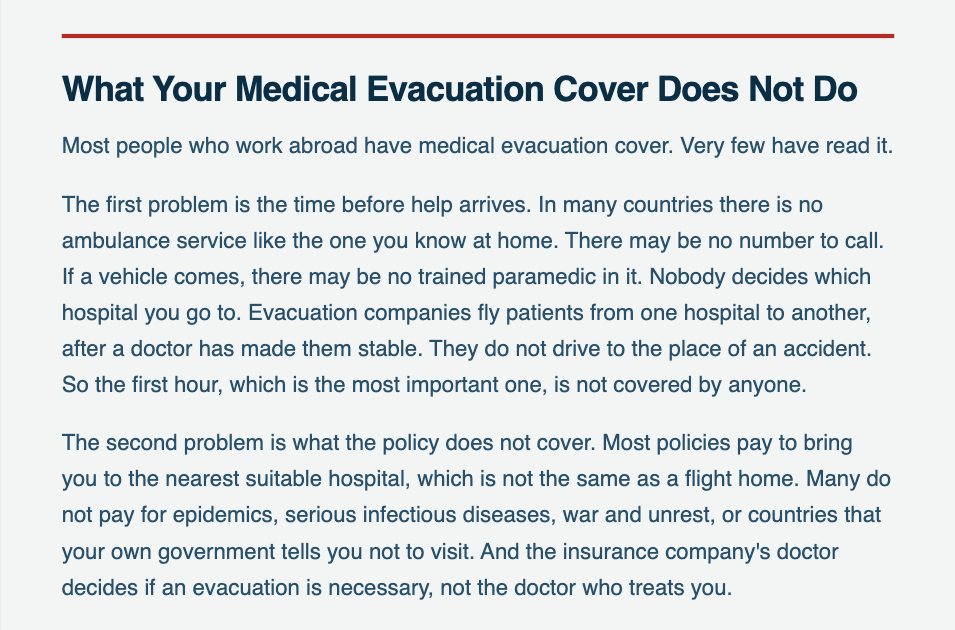Page from the August 2026 SITREP email, field topic: What your medical evacuation cover does not do. Most people who work abroad have medical evacuation cover, and very few have read it. The first problem is the time before help arrives, the second is what the policy does not cover.